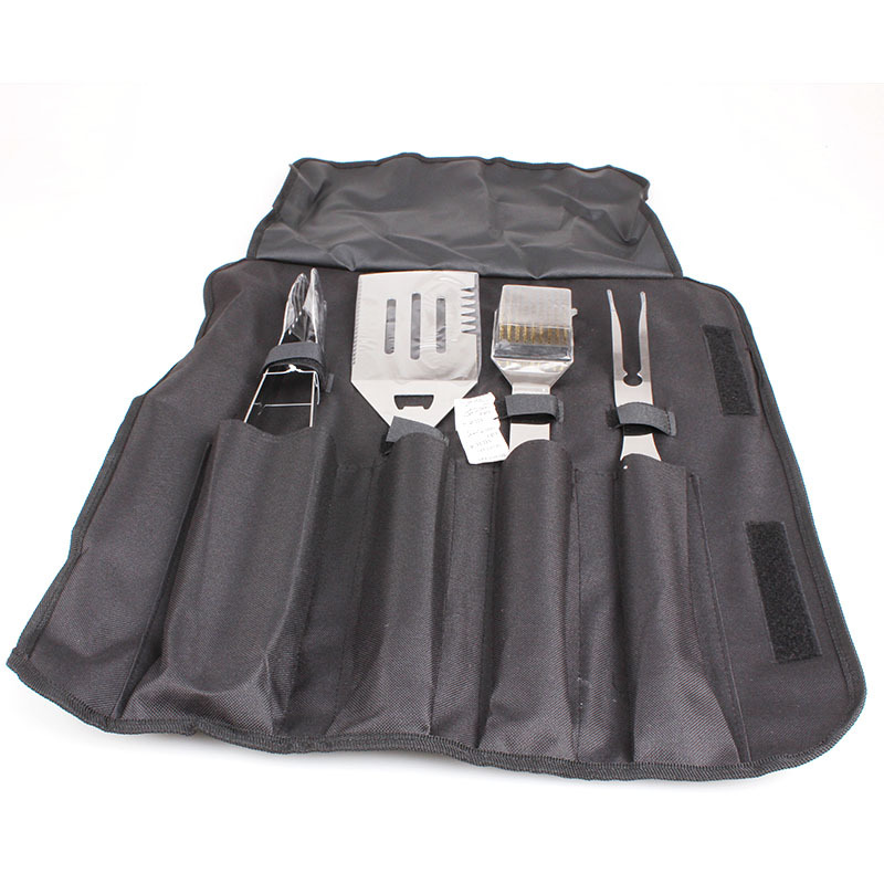 FUENTE de fábrica de acero inoxidable barbacoa para hornear Juego de 4 piezas bolsa de tela herramienta de barbacoa mango de goma para hornear pala tenedor