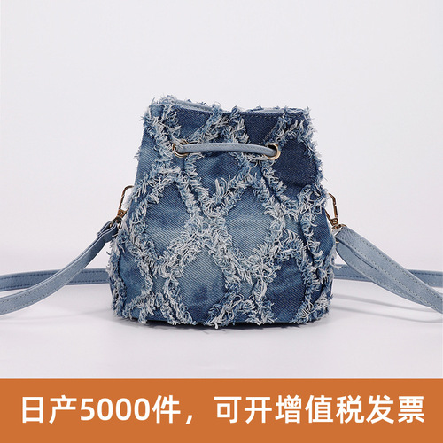Dotted Mini Tie-Dye Denim Bucket Bag Cross-Border Amazon New Women's Crossbody Bag with Drawstring Fringe Handbag Wholesale