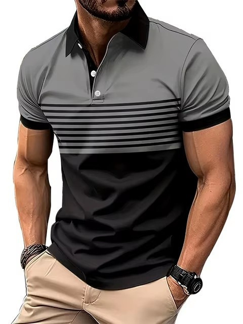 Summer Stripesd 3D Digital Printed Polo Shirt Men's Fashion Button Lapel Short-Sleeved Shirt Cross-Border Export Cotton