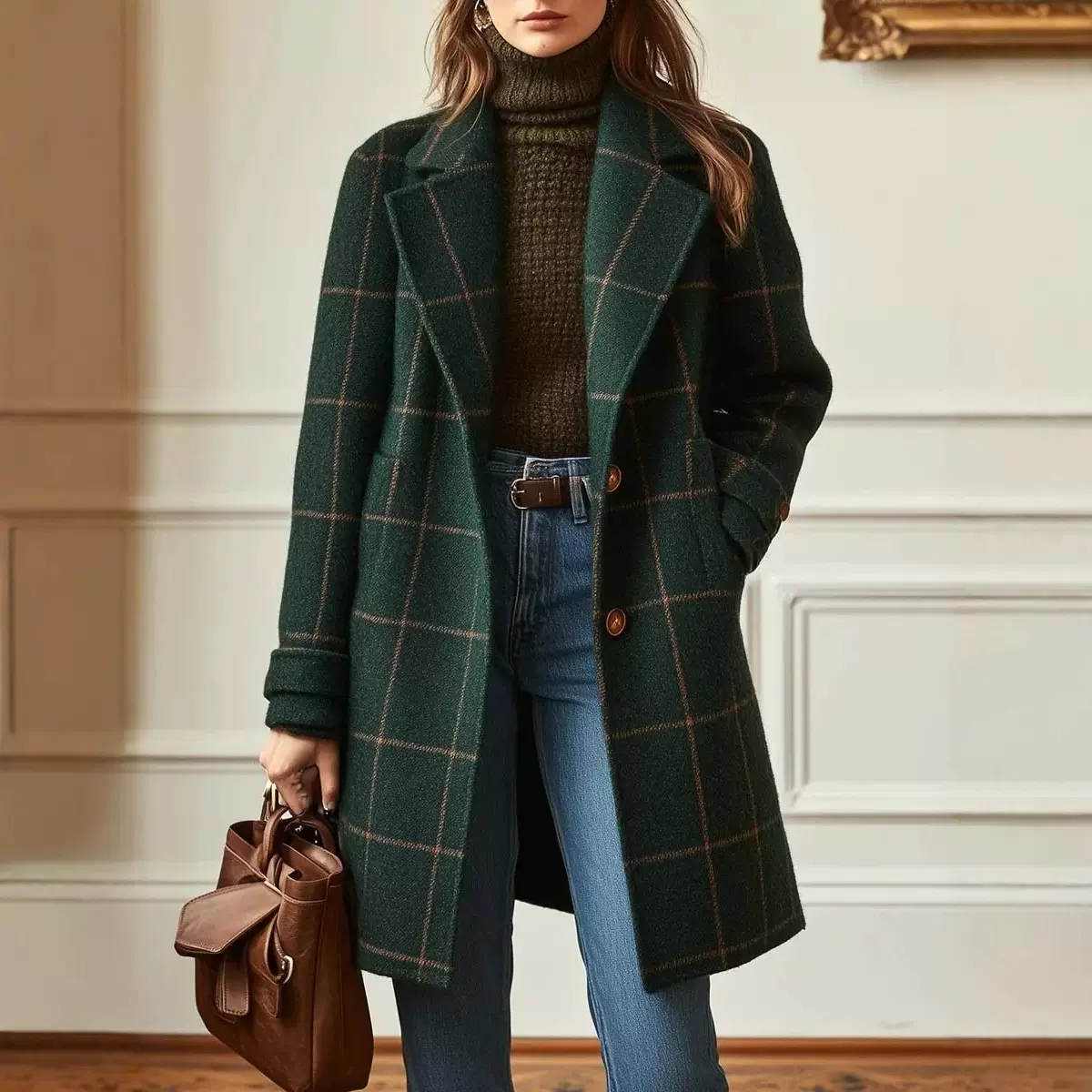 2025欧美女装 独立站 亚马逊 秋冬装长袖格纹外套 单排扣开衫外套