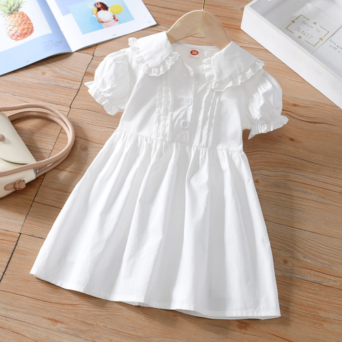 Fashionable white lace Peter Pan collar princess dress for girls, summer new dress for middle and big children, short-sleeved dress