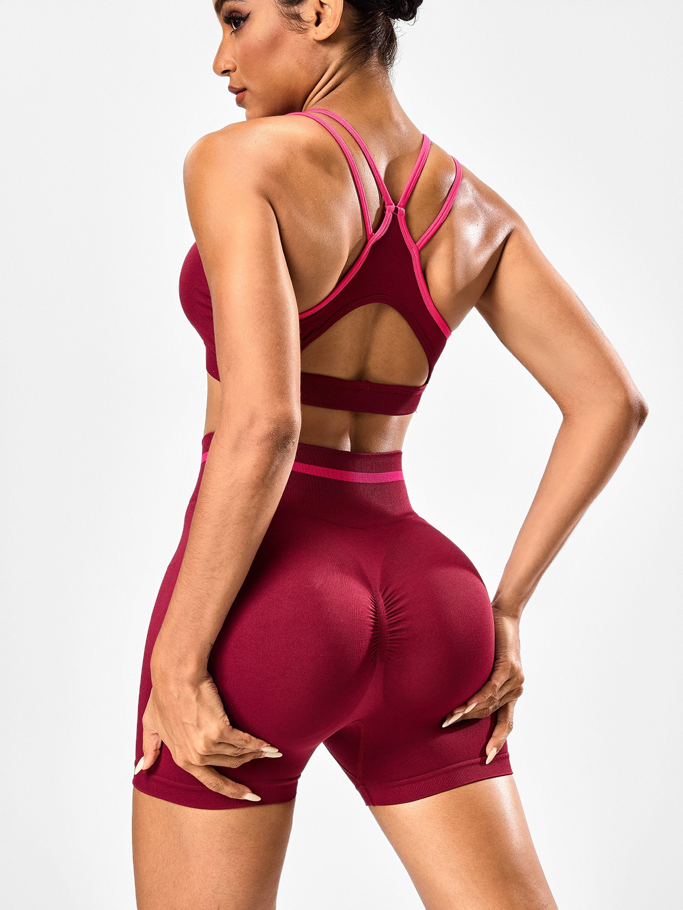 Europeos y estadounidenses color contraste trajes deportivos de yoga para mujeres cables de bra hueco de espalda para correr y acondicionamiento físico pantalones cortos
