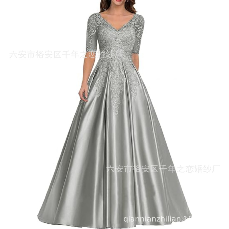 V-neck ball gown long stage performance chorus evening dress lace applique mid-sleeve dress wedding dress women V-neck ball gown long stage performance chorus evening dress lace applique mid-sleeve dress wedding dress women