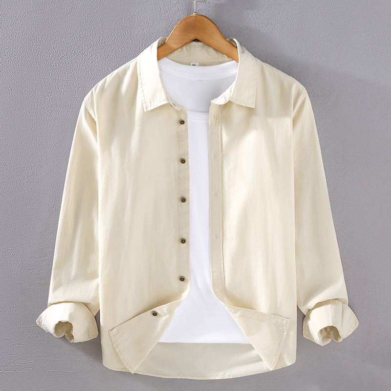 Camicia da uomo bianca versatile primavera ed estate a maniche lunghe sottili giapponesi_voghion.com