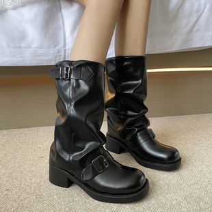 Belt buckle pleated pile boots women's 2023 new vintage thick heel thick bottom boots street fashion smoke tube boots tide