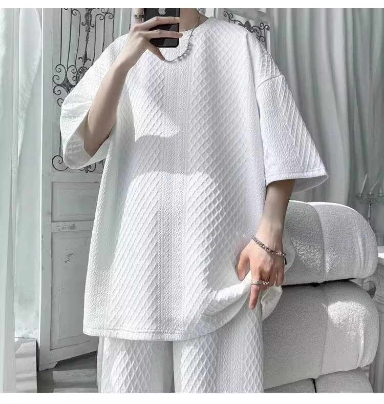 Men's Athletic Waffle Knit Short Sleeve T-Shirt And Shorts 2-Piece Set, Summer Casual Sports Outfit For Teens And Young Adults_viptrois.com