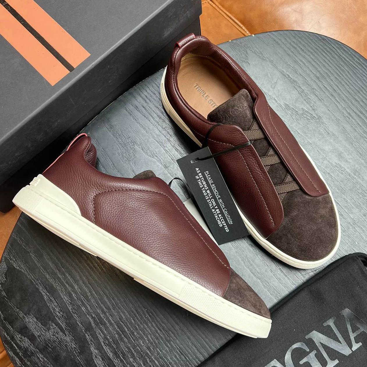 Zegna Triple Stitch Leather Low Burgundy