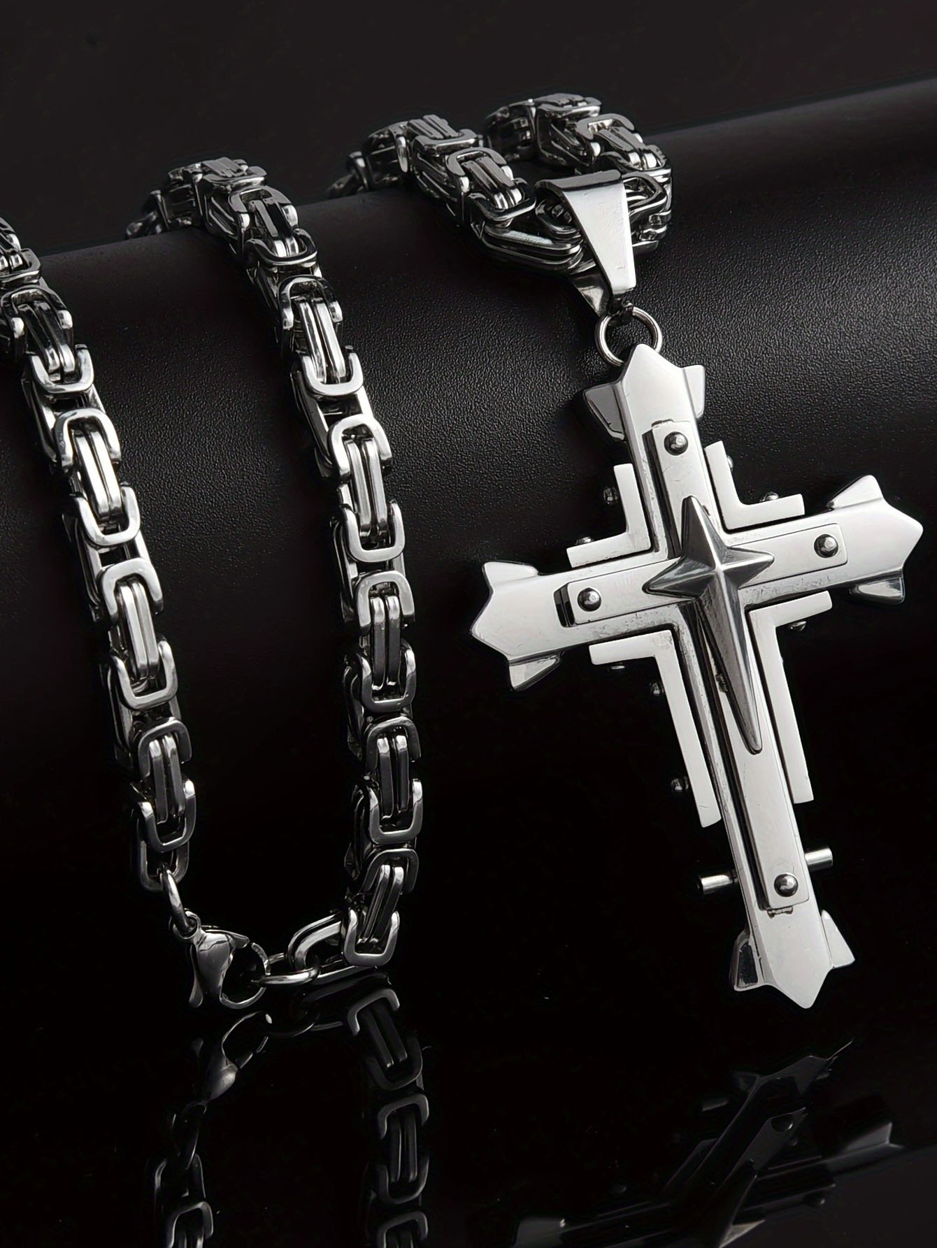 Stainless Steel Three-layer Cross Pendant Necklace For Men_voghion.com