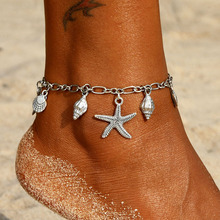 欧美跨境光面古银海洋海星海螺吊坠脚链 创意复古简约多层脚饰批