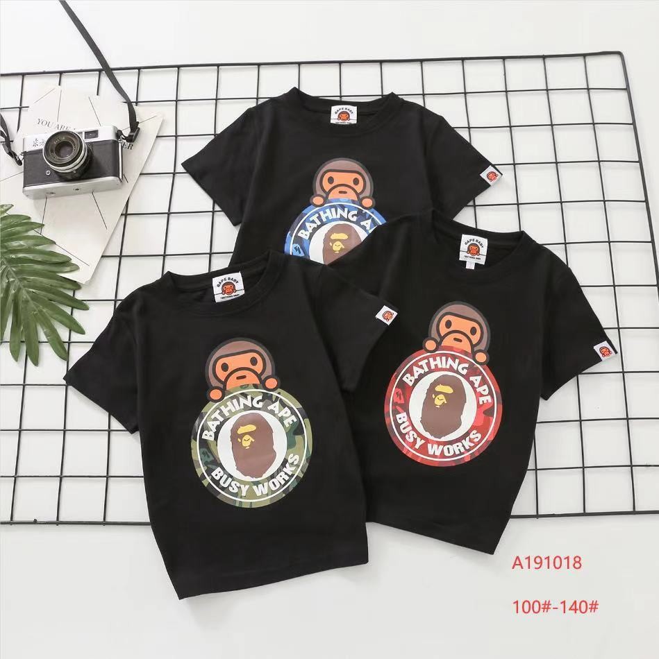 外贸童装 男女童卡通猿人头圆领衫短袖T恤2021夏款