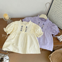 新款女童两色花边刺绣衬衫夏季新款女童花边领刺绣洋气休闲风衬衫
