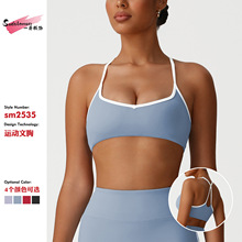 新款欧美裸感交叉美背文胸防震聚拢高弹运动内衣性感塑形瑜伽文胸
