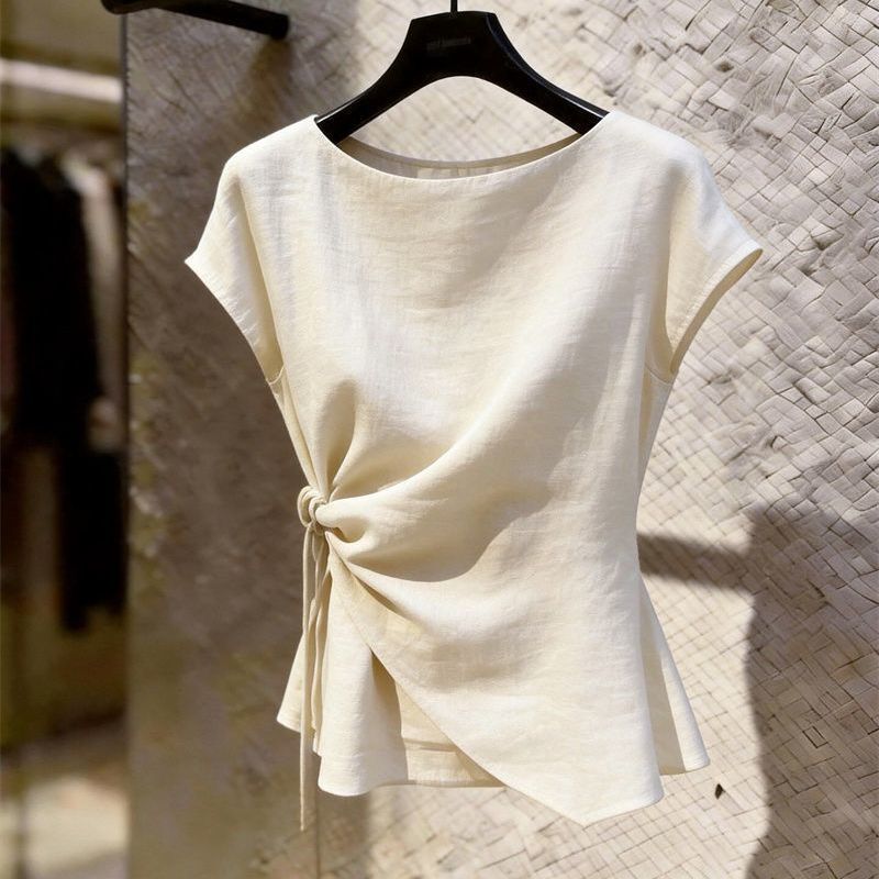 Plus-size irregular tie-waist short-sleeve shirt, new summer fashion for plus-size girls, slimming top