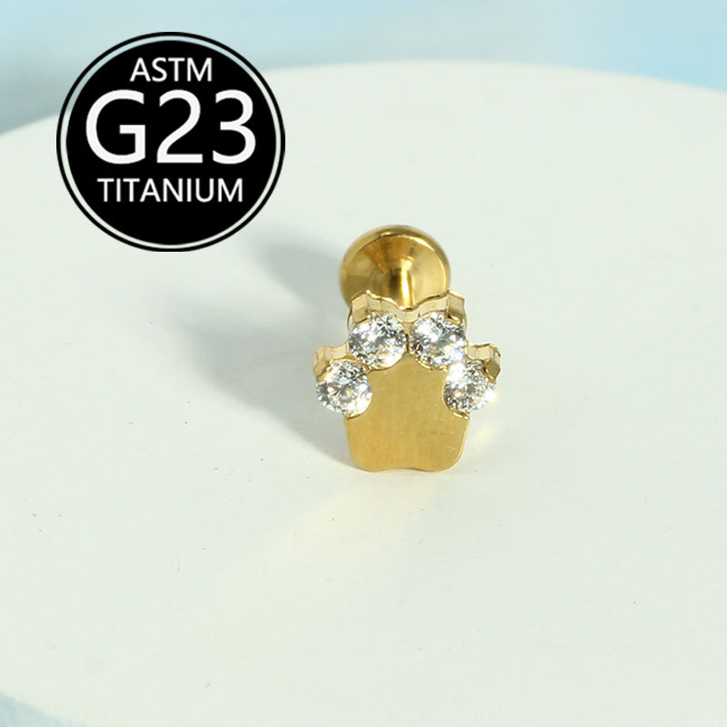 G23 Titanium Alloy Bear Paw Internal Thread Zircon-Inlaid Lip Stud and Ear Stud Body Piercing Jewelry detail image 9