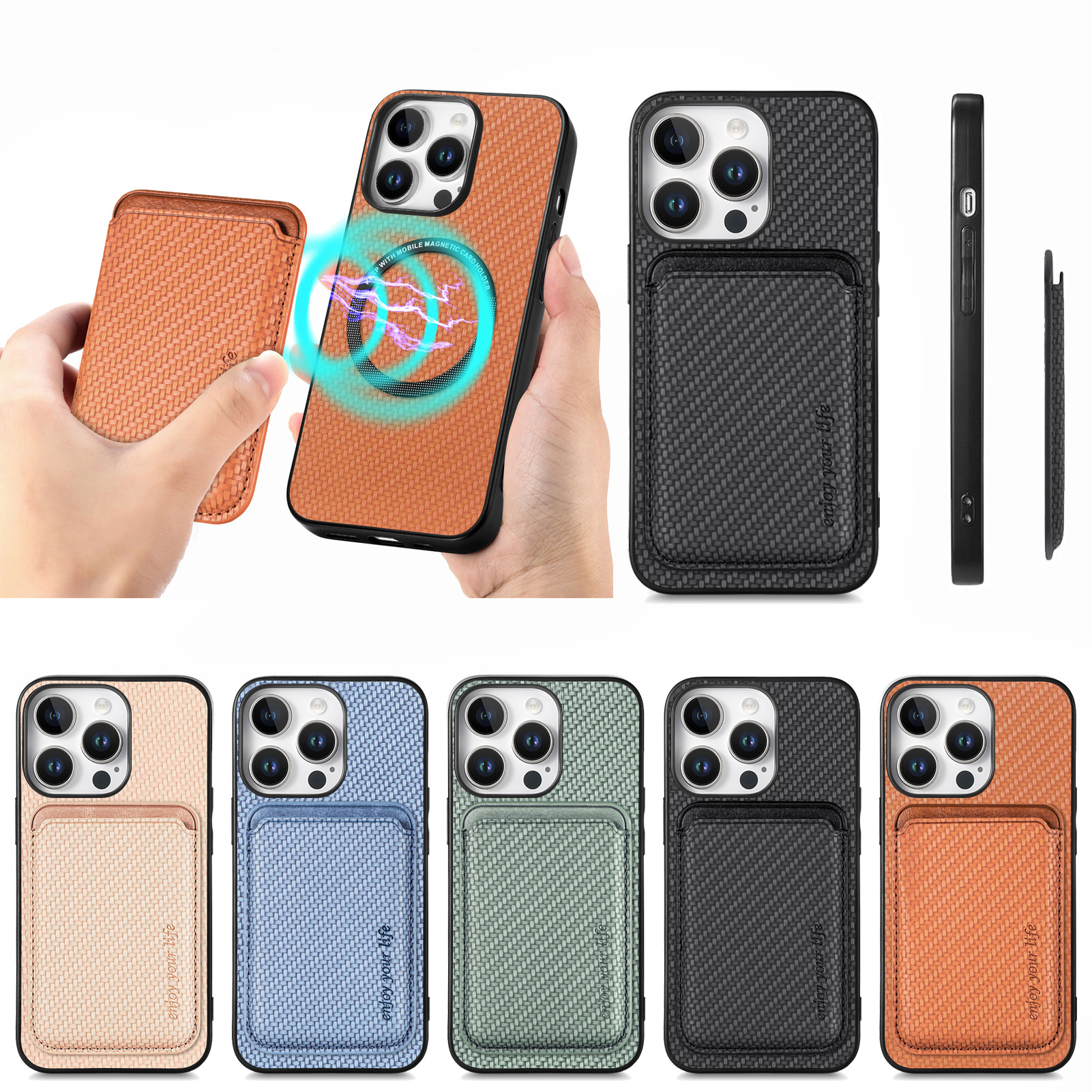 外贸适用iPhone16磁吸充电插卡卡包S24U苹果15纤维纹肤感手机壳