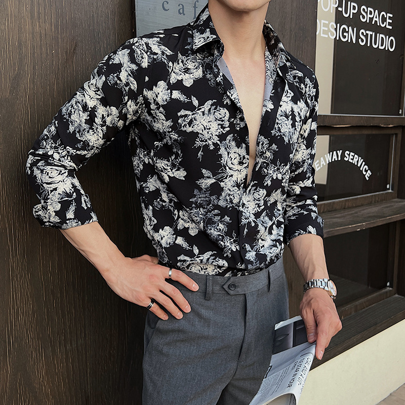 花柄シャツメンズ長袖ライトビジネスカジュアルハイエンドハンサム韓国風スリムシャツトレンド2025新作トップス|undefined