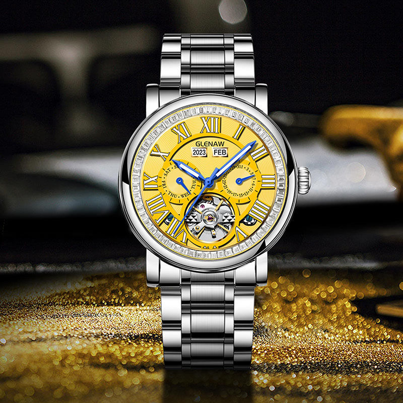Đồng hồ nam cơ tự động Tourbillon lộ máy chống nước đa chức năng 8677 — 8677-Mặt đen vỏ bạc đai thép bạc, 8677-Vàng mặt bạc vỏ bạc đai thép