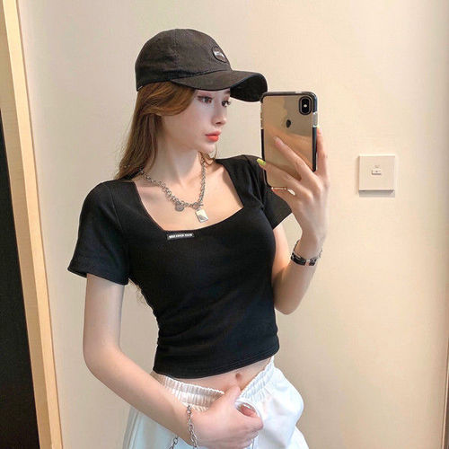 2025 Square-Neck Short High-Waisted Cropped T-Shirt for Women, Slim-Fit Summer Base Top with Embroidered Design for Export
