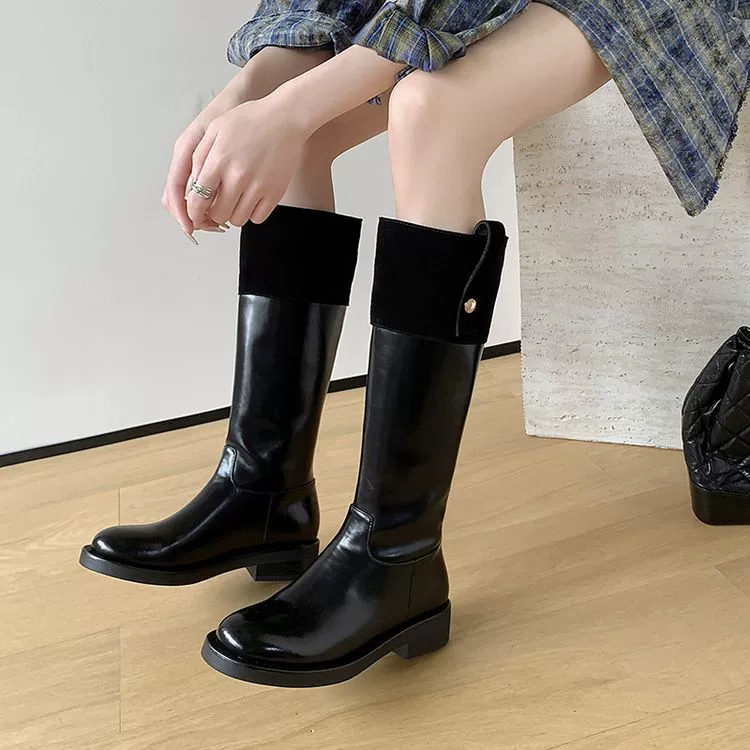 Кожаные круглые сапоги рыцаря женский 2024 осень-зима новый английский стиль толстые каблуки без колен высокие сапоги Mayard