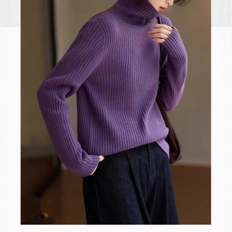 New All-Wool Berry Purple Turtleneck Bottoming Shirt with Inner Top and Outer Sweater for Women