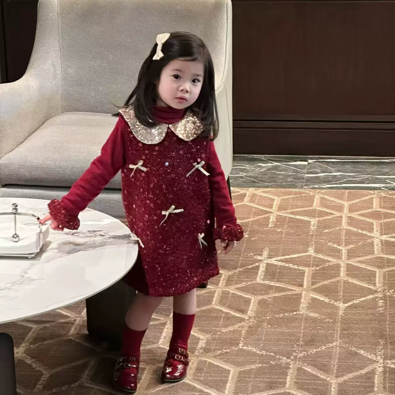 女童红色小香风加绒背心裙连衣裙25秋冬季新款亮片公主裙礼服裙子