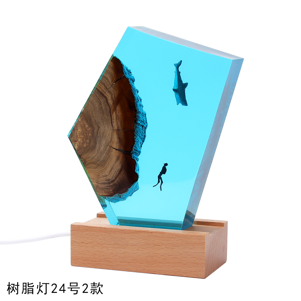 Ocean Micro-Landscape Solid Wood Resin Lamp Ornaments Museum Exhibition Turtle Diver Resin Crafts Miniature Bonsai