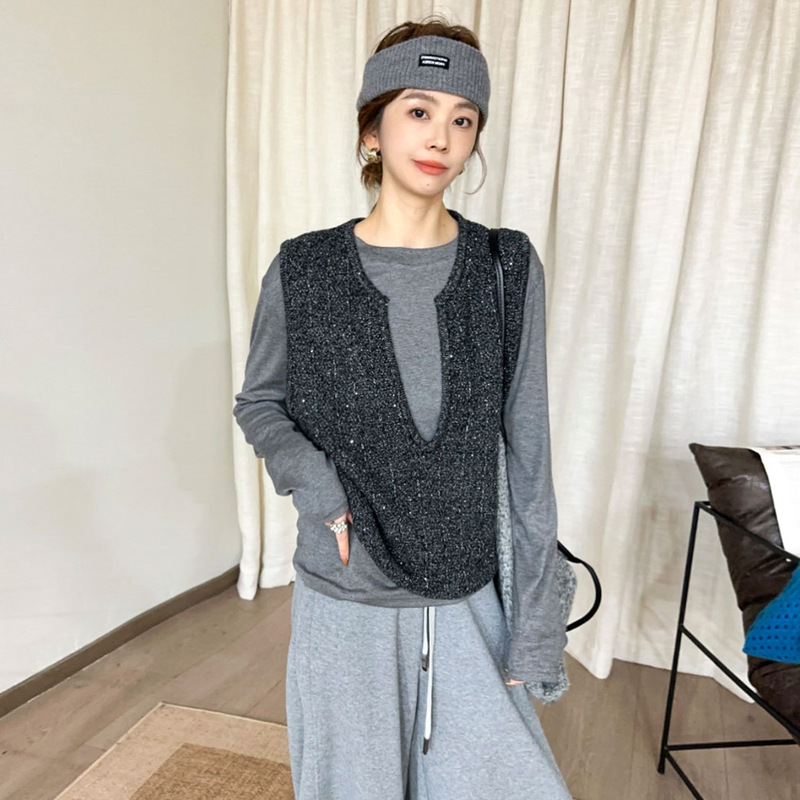 设计感V领羊毛针织马甲T恤两件套女欧洲站2025秋装新款欧货女装潮|undefined