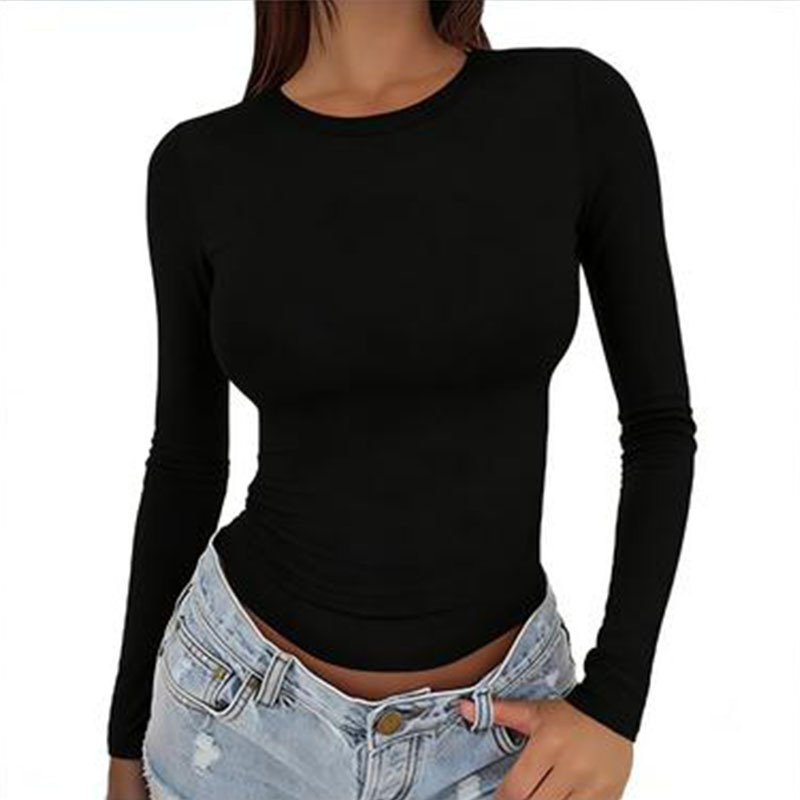 Cross-Border Amazon European and American Women's Clothing Spring and Autumn Base Shirt Round Neck Casual Long-Sleeve T-Shirt Solid Color Slim Fit Pullover Top