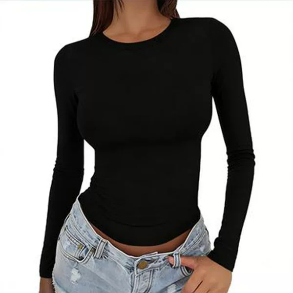 Cross-Border Amazon European and American Women's Clothing Spring and Autumn Base Shirt Round Neck Casual Long-Sleeve T-Shirt Solid Color Slim Fit Pullover Top