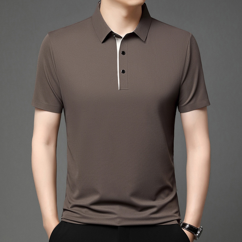 夏の新しいルーズメンズ半袖アイスシルクTシャツシームレスノンアイロンラペル無地ポロ半袖多用途カジュアル|undefined