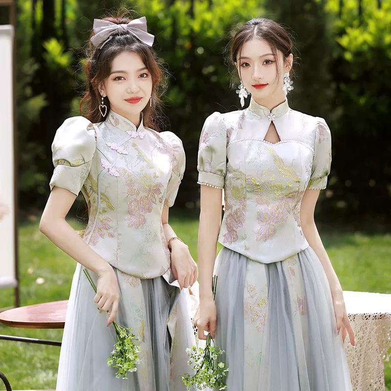 Платья подружек невесты в китайском стиле для сестринских групп 2025, новый свадебный летний стиль больших размеров для полных женщин с флисовой подкладкой и утолщением для защиты от холода.