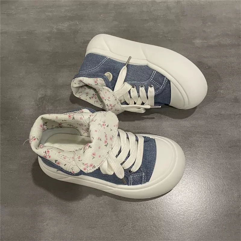 小香风碎花帆布鞋女高帮鞋子2025新款秋季小众厚底圆头板鞋ins潮