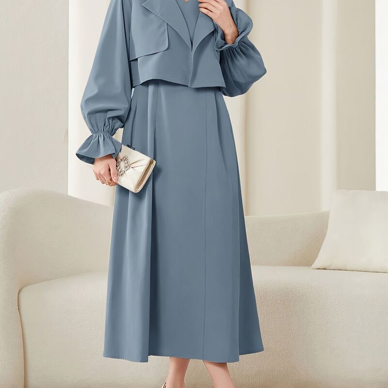 Elegant Lapel Short Jacket and Dress Set, Stylish Short Coat and Dress Two-Piece Set