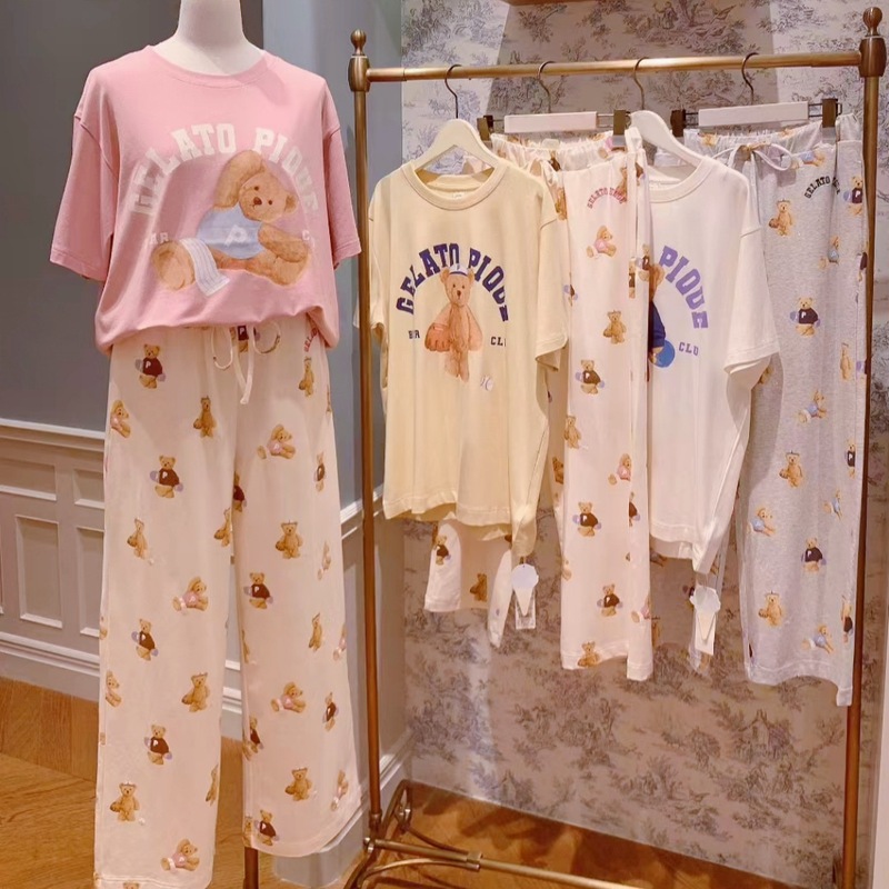 软绵绵冰淇淋新品棉柔软可爱小熊卡通印花圆领短袖女家居服套装|undefined