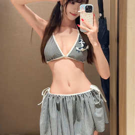 性感跨境泳衣女三点式低腰比基尼分体小胸条纹亚马逊速卖通bikini