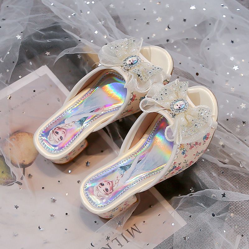 2025 New Girls High Heel Children's Slippers Princess Elsa Outerwear Fashion Crystal Shoes Summer Ultra Light Elsa