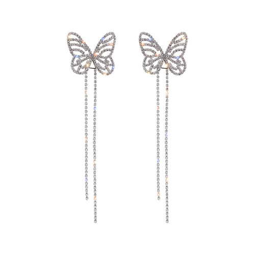 925 silver needle long sparkling diamond hollow butterfly tassel exaggerated earrings for women ins cold style fashionable temperament earrings for women