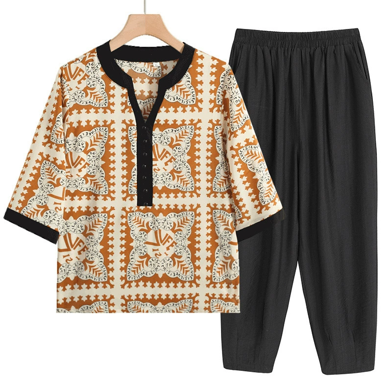 Мама летняя элегантная футболка с рукавами ретро принтом шифоновый топ модный средний и пожилой женщины элегантная мама