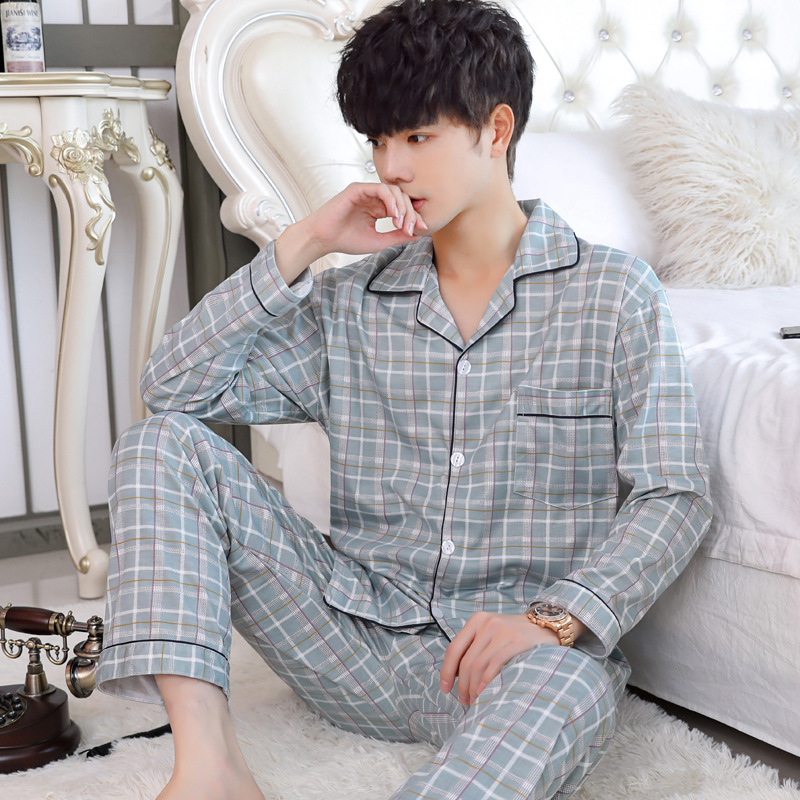 睡衣男春秋棉质长袖新款男士秋款春天格子条纹爸爸套装家居服