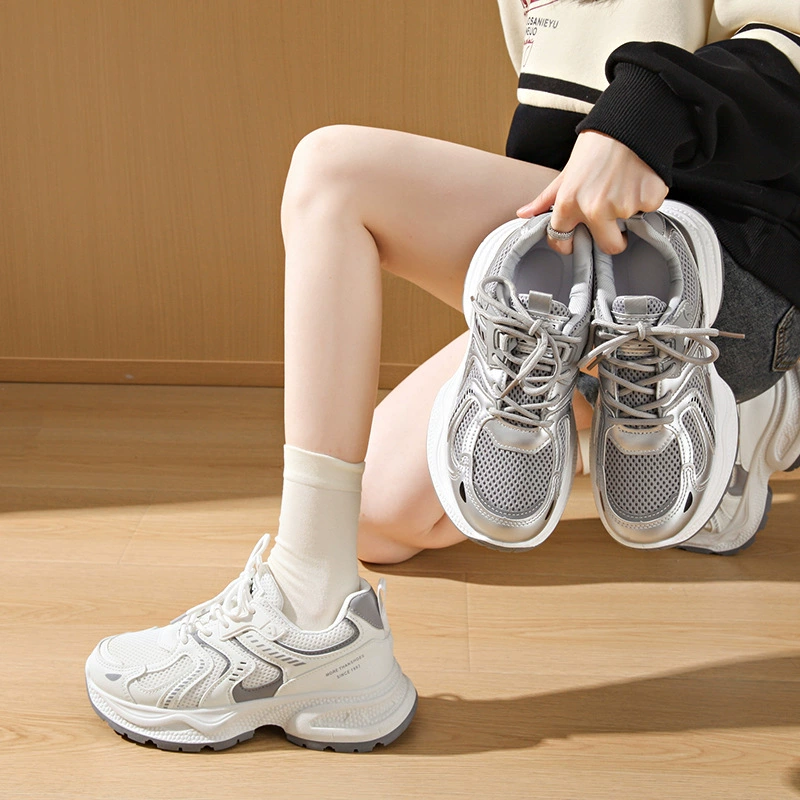 36-41 ярдов новый папа обувь для девочек 2025 весна и осень студенческая спортивная обувь для бега с толстой подошвой сетки для повышения повседневной обуви