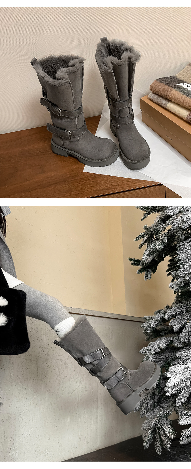 Boot tuyết nữ cổ cao lót lông cừu ấm áp đế dày khóa thắt lưng — màu kê chi tiết 22