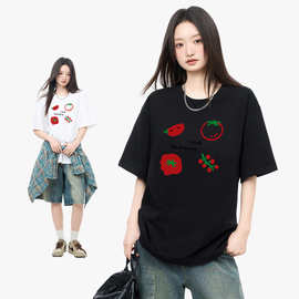 夏季230g清新趣味印花T恤女休闲日系风宽松圆领小众情侣潮牌短袖