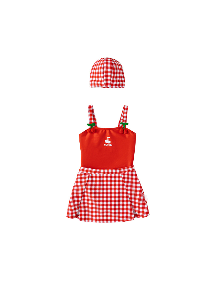 Youbao ropa para niños verano niños traje de baño honda dibujos animados cereza traje de baño de una pieza gorro de baño a cuadros traje de natación para niñas