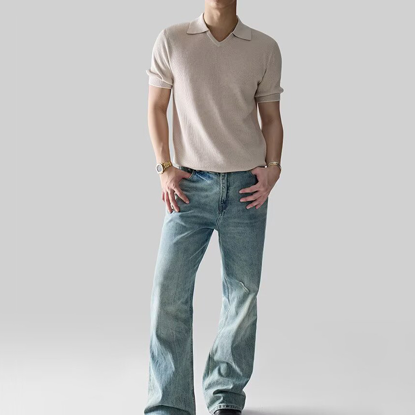 Polo camiseta de punto camiseta de manga corta camiseta hombre cuello en V mallas agujeradas viejos negocios hielo seda fábrica de verano transfronteriza mayorista