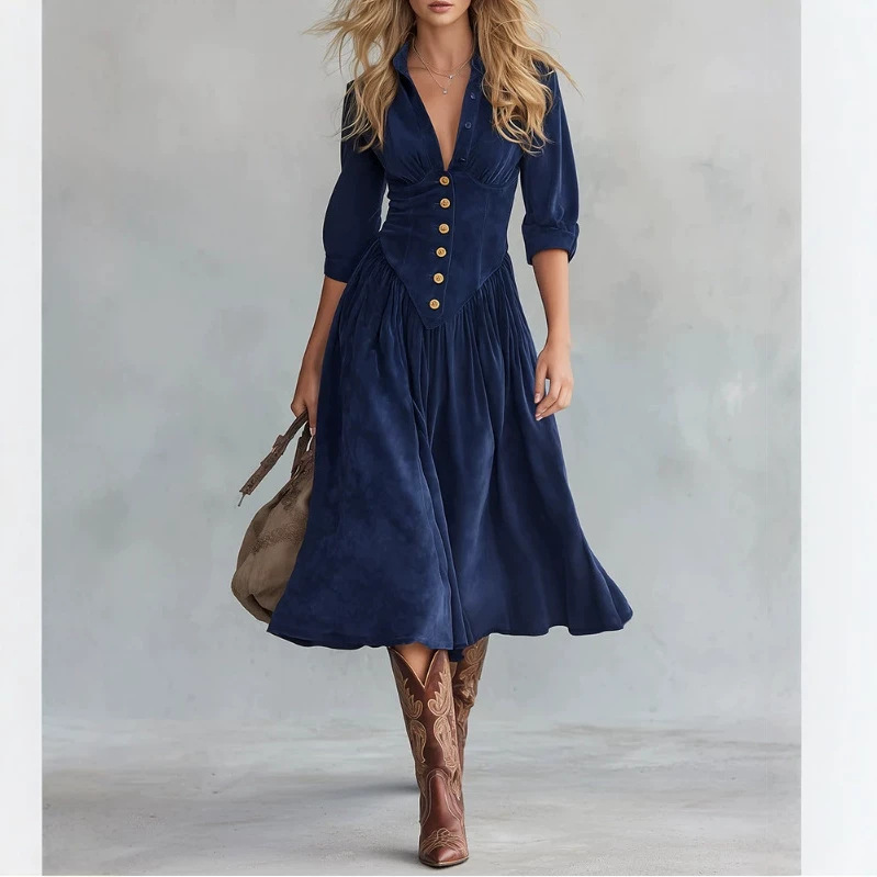 European and American cross-border independent website retro casual elegant western-style solid color dress