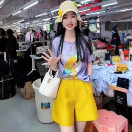 亮色系休闲时尚套装2024夏季新款淡紫色宽松圆领印花短袖两件套女