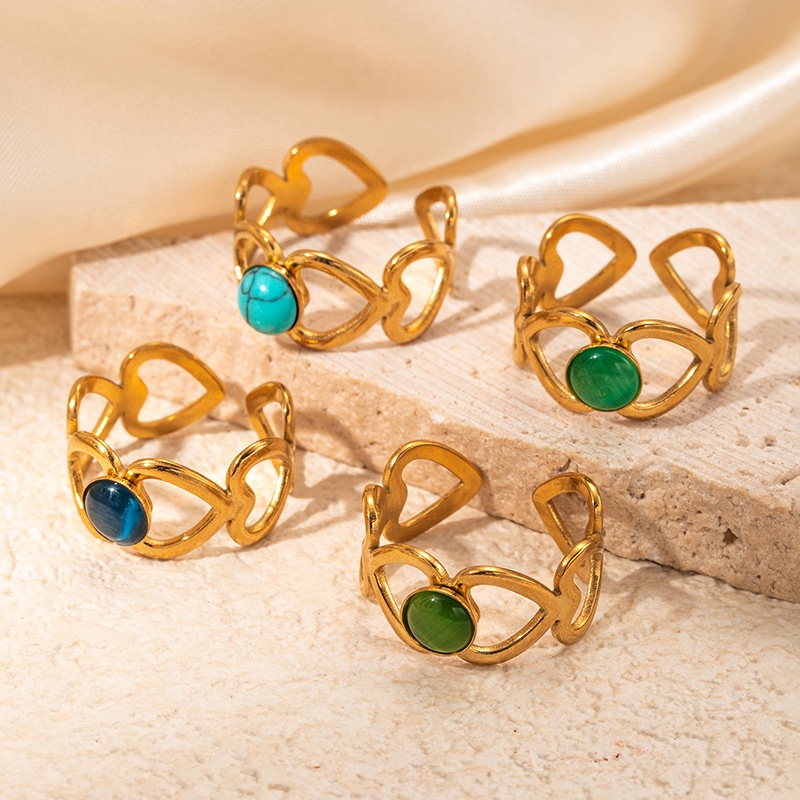 5g Weight 0.03µm Gold Plating Thickness Electroplated Gold Plating Process Golden Plated Plating Material Cat's Eye Stone Inlay Material Rings Classification 1 Piece Quantity Holiday, Daily Occasion 201 Stainless Steel Material Heart Shape Pattern Women's Gender Sweet, IG Style Style Inlay Craft Wholesale Jewelry IG Style Sweet Heart Shape Titanium Steel Natural Stone Gem Hollow Out Inlay Open Rings 4
