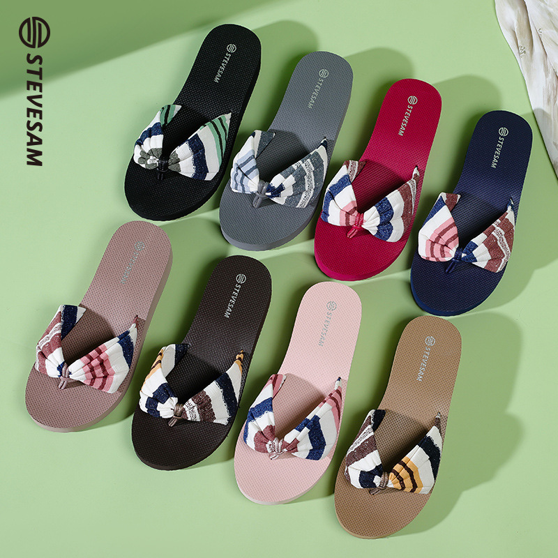 2026 Summer Sandals with Bowknot Fabric Surface, Wedge Heels, Thick Soles, High Heels, Non-Slip, Outdoor Flip-Flops, Breathable and Lightweight