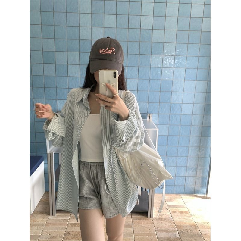 HF黄色ins韩系条纹衬衫女秋甜美设计感休闲宽松衬衣外套|undefined
