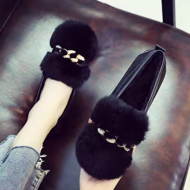 Furry Shoes for Women's Autumn and Winter Outer Wear 2025 New Rabbit Fur Pregnant Women's Slip-On Beanie Shoes Fleece-Lined Warm Flats Cotton Shoes